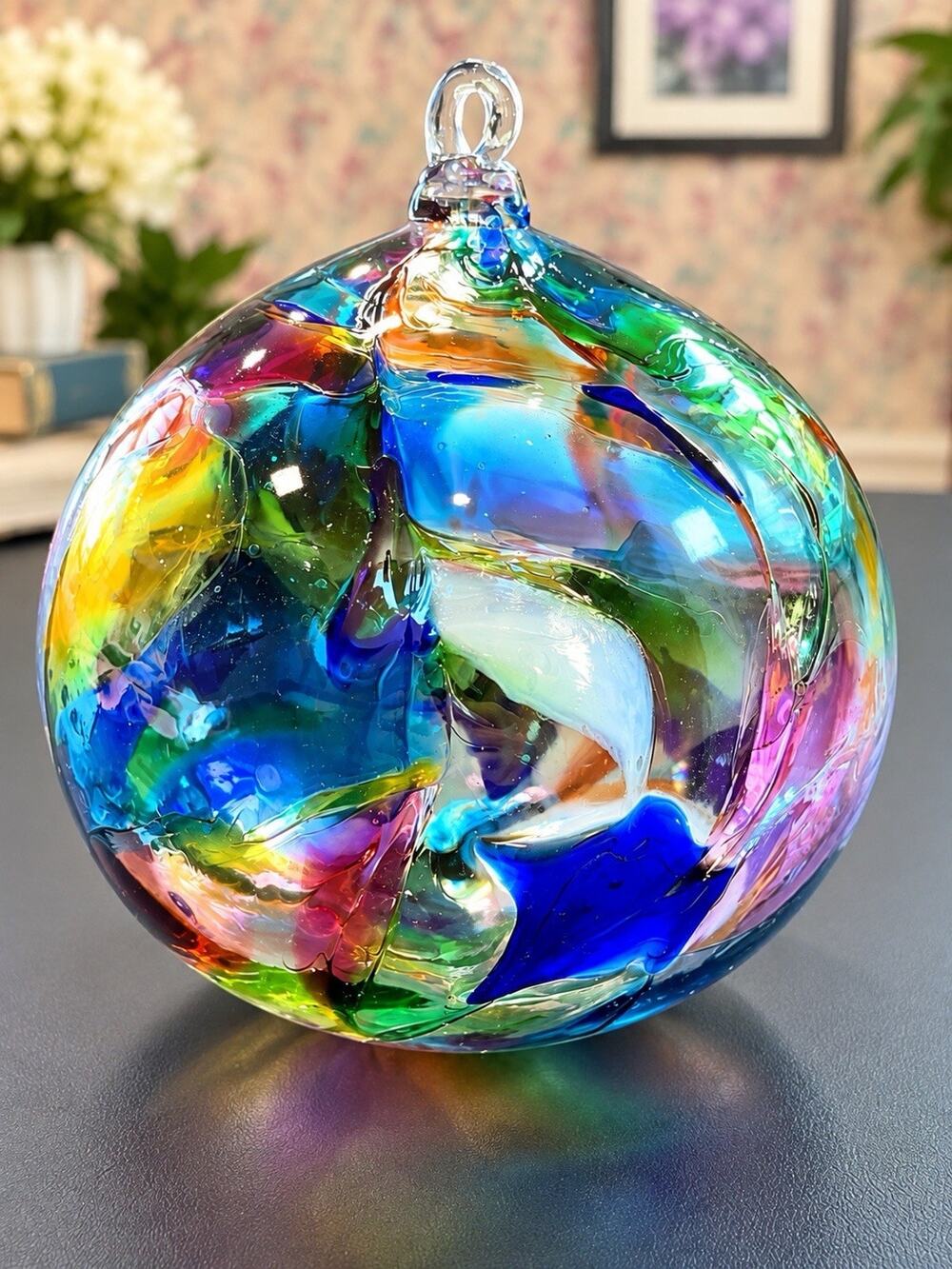Large Mouth Blown Handmade Art Glass Hanging Orb 7.5” Multicolor Swirl
